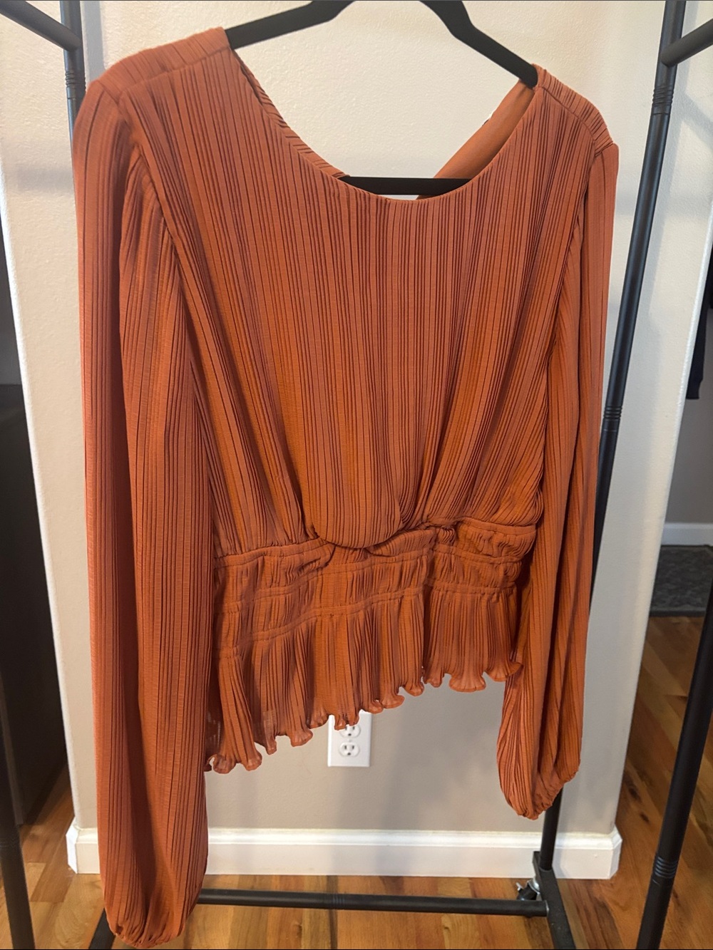 She + Sky Rust Pleated Long-Sleeve Blouse